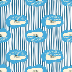 Spring flower buds seamless pattern. Stylized poppy print and stripped background in blue and white colors.