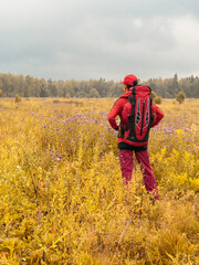 Autumn trekking. A man hiking outdoors. A slender sports man in a red suit is engaged in trekking. Hike in autumn field, forest. A tourist with a large backpack stands with his back and looks forward.