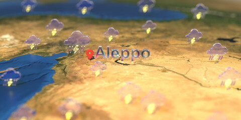Stormy weather icons near Aleppo city on the map, weather forecast related 3D rendering