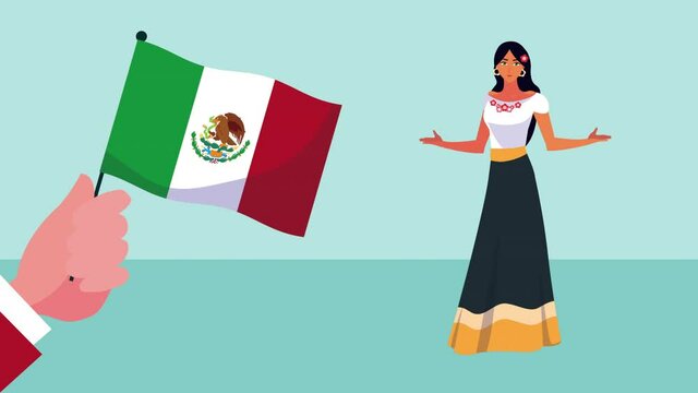 mexico celebration animation with beautiful woman and mexican flag