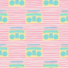 Blue and yellow tape recorder bright seamless doodle pattern. Pink stripped background. Stylized disco print.