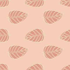 Minimalistic floral seamless leaves pattern. Outline ornament in simple forms in pink pale palette.