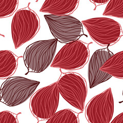 Isolated seamless doodle pattern with random leaves silhouettes. Maroon ornament on white background.