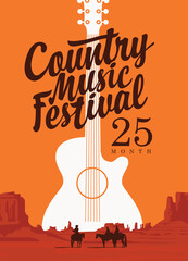 Poster for a country music festival with a guitar and inscription on the background of western landscape. Vector flyer, banner, invitation on the theme of the Wild West with American prairies - obrazy, fototapety, plakaty