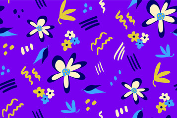Abstract Retro Geometric Shapes and Flowers Repeat Vector Pattern Isolated Background 