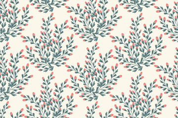 Flower bud with leaves seamless vector pattern. Plant with flowers in coral and heart shaped leaves over off white background. Great for home decor, fabric, wallpaper, stationery, design projects.
