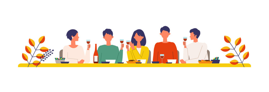 Vector Illustration Of People Eating Dinner Together In The Autumn. People Enjoy Drinking Wine.