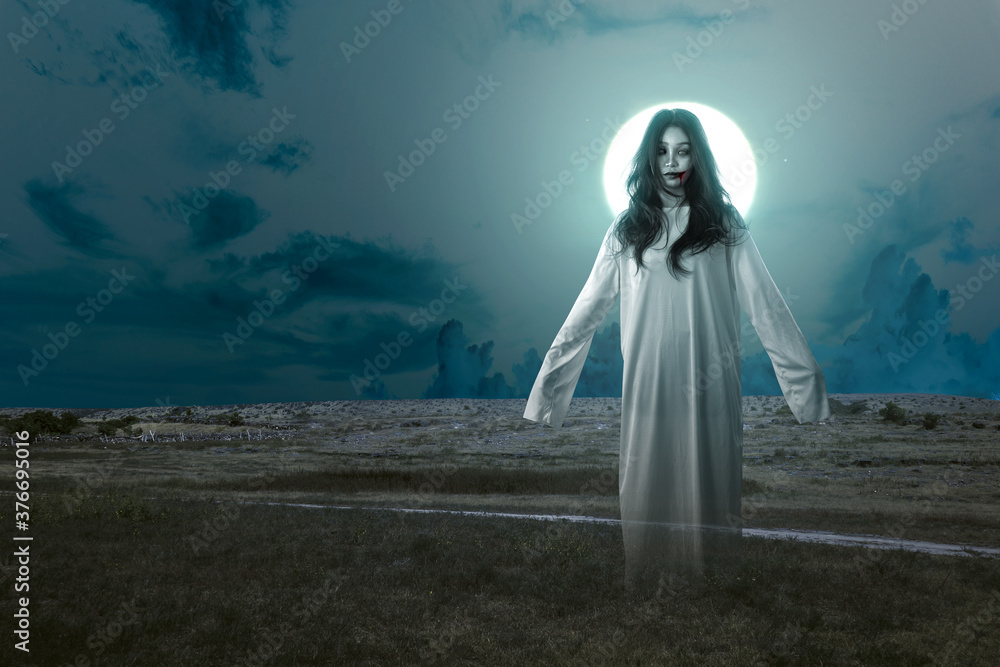 Sticker Scary ghost woman standing with night scene background