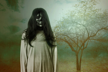 Scary ghost woman standing with haunted forest background