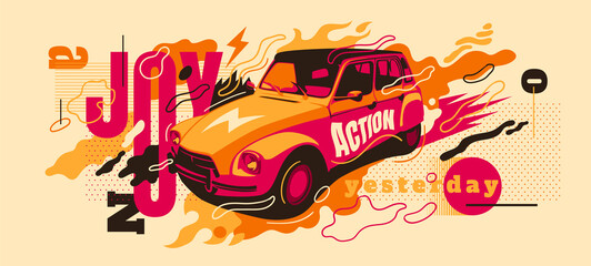 Colorful abstract background design with typography, car and various shapes. Vector illustration.