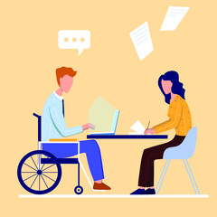 Man is sitting in a wheelchair with papers at the desk. Man and woman working at the table. Vector illustration in a flat style