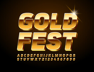 Vector event card Gold Fest. Glossy 3D Font. Premium style shiny Alphabet Letters and Numbers set