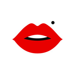 Red lips, sexy woman's kiss with birthmark, flat style, vector illustration. Beauty logo. Element design, isolated on white.
