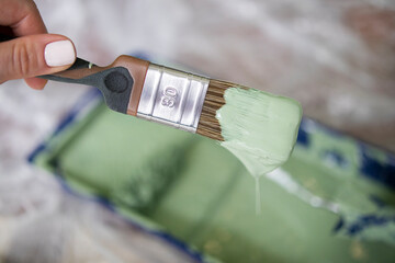 construction brush with green paint in hand against the background of a paint tray and a construction roller