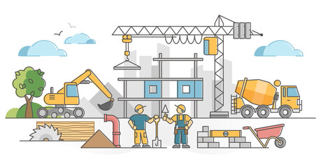 Construction work as house building site with workers scene outline concept
