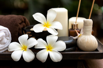 Obraz na płótnie Canvas Thai Spa. Massage spa treatment aroma for healthy wellness and relax. Spa Plumeria flower for body therapy. Lifestyle Healthy Concept