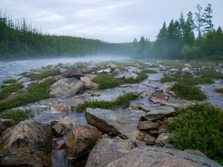 big waves on a mountain river big rocks and plants in the foreground against the background of mountains and forests in the fog