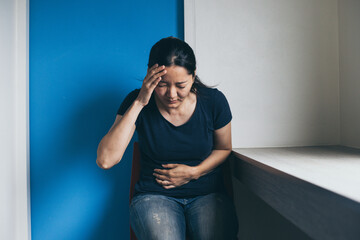 sad serious illness woman.depressed emotion panic attacks alone sick people fear stressful.crying...