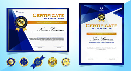 Elegant Blue and Gold Diploma Certificate template with Badge and Border