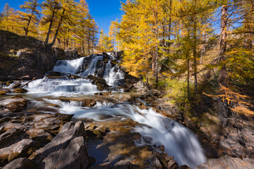 Fontcouverte Waterfall in Autumn with larch trees in the Claree Upper Valley. Nevache, Hautes-Alpes (05), Alps, France