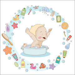 little boy bathes in a tub and a round frame in the form of bathroom utensils