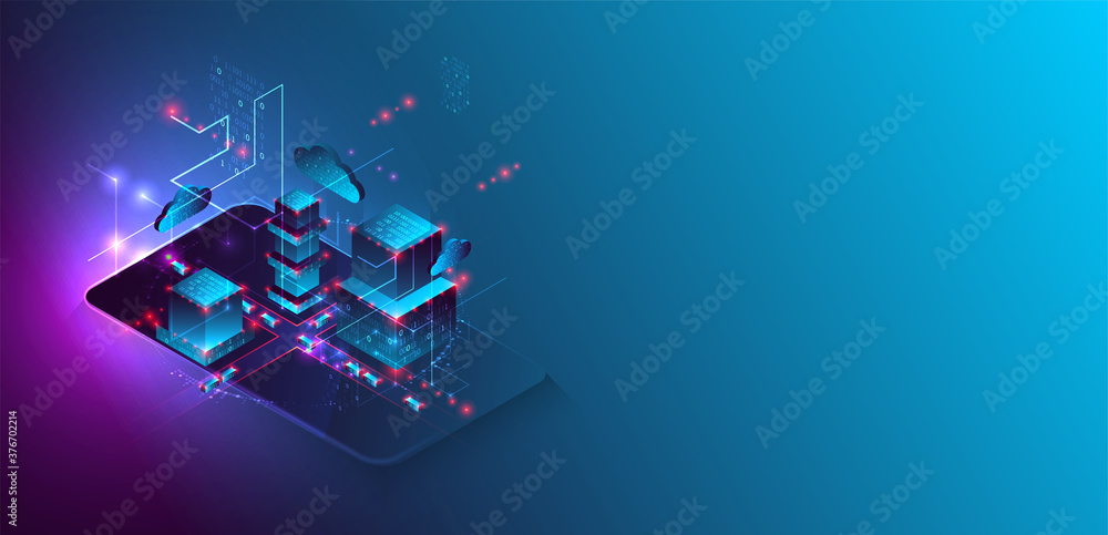 Poster isometric big data processing concept, cloud database. abstract technology background. vector illust