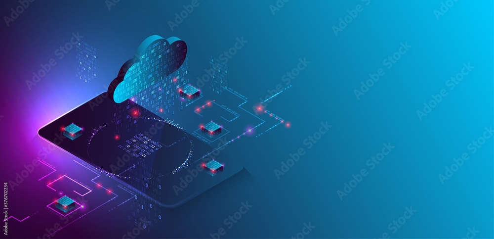Poster isometric big data processing concept, cloud database. abstract technology background. vector illust