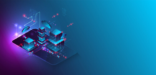 Isometric big data processing concept, cloud database. Abstract technology background. Vector illustration