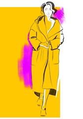A woman in a fashion coat on a yellow background, drawn by hand in the Procreate program.