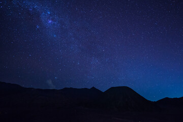 Extreme long exposure image showing star trails above the Bromo Volcano, Indonesia