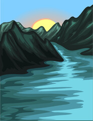 mountains river sun stylized illustration