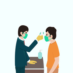 Vector illustration of man getting temperature checks by staff to protect against Covid-19
