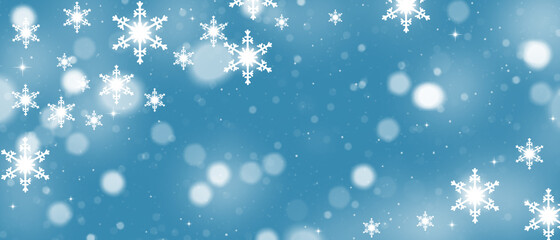 Fototapeta premium Snowflakes and snow on blue. Winter Christmas background, greeting card. Banner.