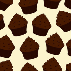 Tasty chocolate cupcakes isolated on yellow background. Sweet dessert seamless pattern. Vector illustration