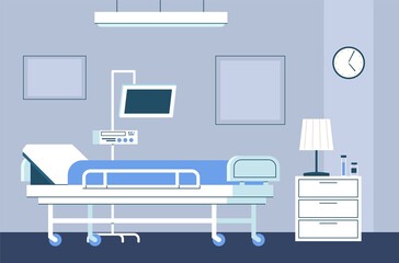 Hospital room interior. Modern intensive therapy ward with bed on wheels and medical equipment emergency clinic with furniture and dropper healthcare vector flat concept in blue colors