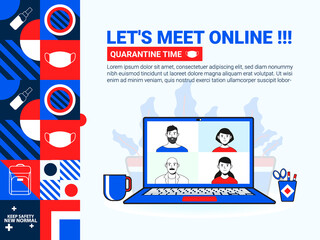 Landing page for online meet with red and blue super graphic