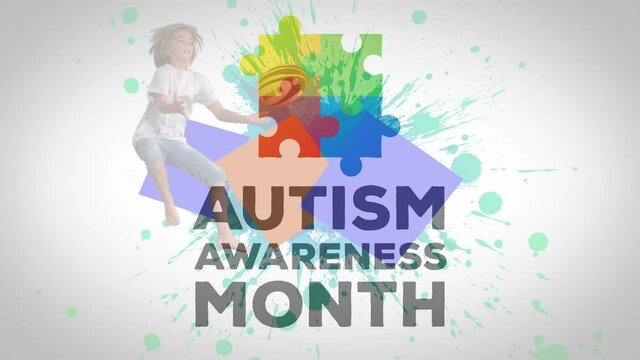 Autism Awareness Month text and Jigsaw puzzle forming a square over kids playing