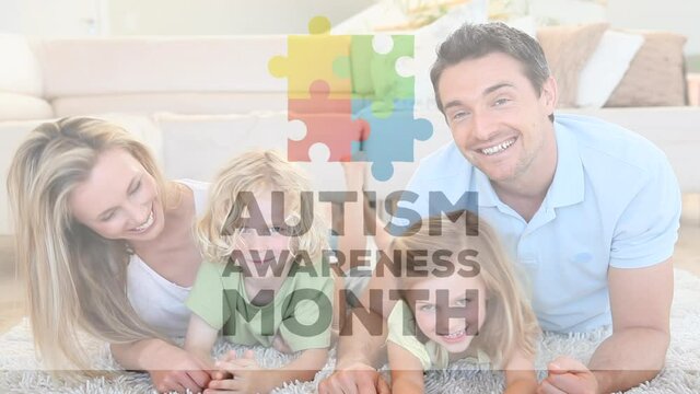 Autism Awareness Month text over family smiling and waving