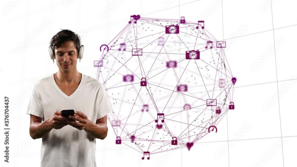 Poster man using smartphone against globe of digital icons