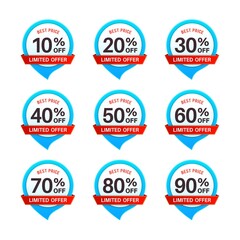 Obraz premium Discount tags. Price 10 - 90 percent off marketing badges, product promotion emblems. Special offer sale labels in blue and red colors, savings money cashback stickers flat vector set