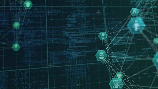 Globe of digital icons against data processing