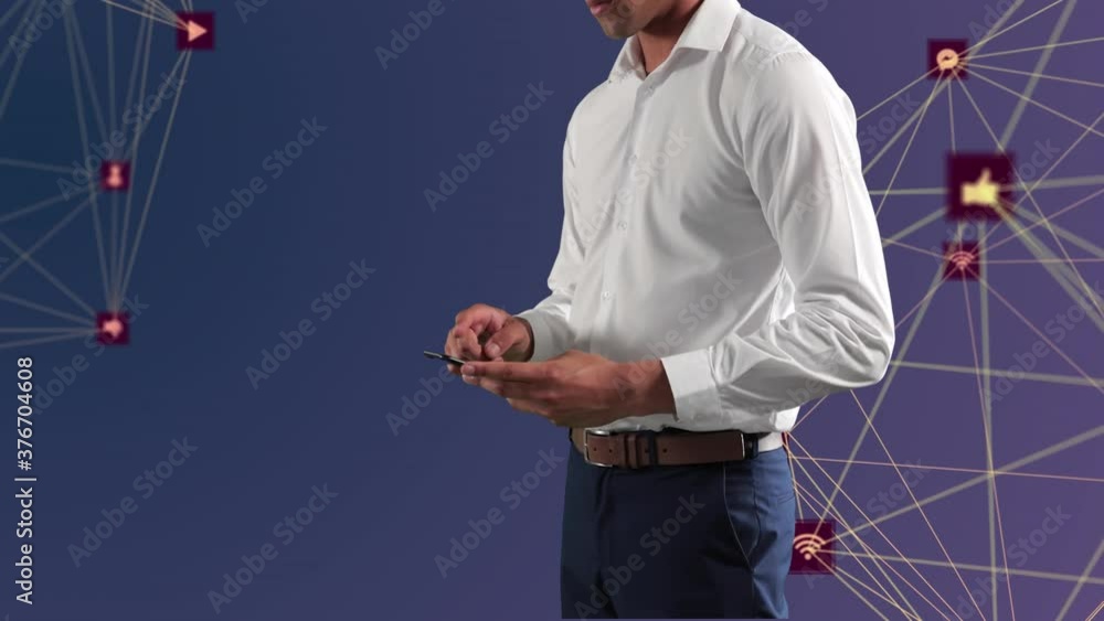 Poster man using smartphone against globe of digital icons