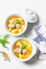  Chicken meatball soup. Space for text, top view.