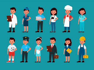 Kid professionals. Children soccer or football player, builder and policeman, stewardess and waiter, programmer and photographer, man and woman in uniform vector flat cartoon set