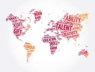 Talent word cloud in shape of world map, concept background
