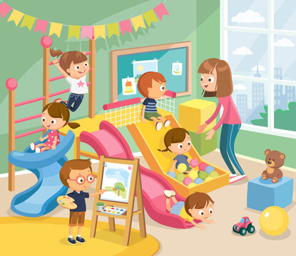 Children having fun, fooling around in fine good mood, on playroom, playground go down slide, hanging on ladder. Boy is drawing the watercolor. Vector illustration. Flat design.