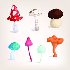 Modern mushrooms forest set vector illustration art. Cartoon Isolated fly agaric Vector icons set. Autumn food nature. Hand drawn cute mushrooms in flat design set vector illustration organic food.