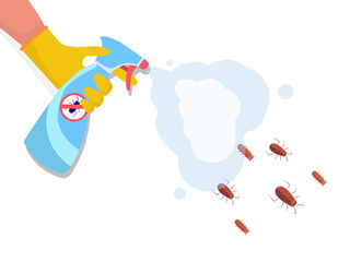 Gloved hand spraying insecticide from a spray bottle. Concept of insect and pest control, Colored vector illustration