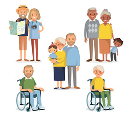 Set of young and senior people characters. People with disabilities in wheelchairs. Handicapped person. Traveling people. Senior couples.