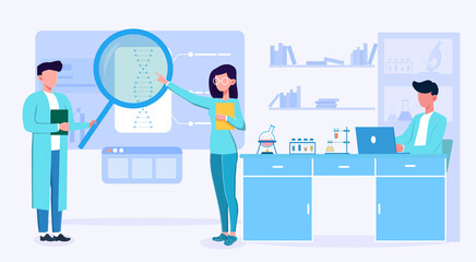 A couple of young scientists are looking at a DNA molecule under a magnifying glass in the lab while their colleague is working on a laptop. Flat vector illustration